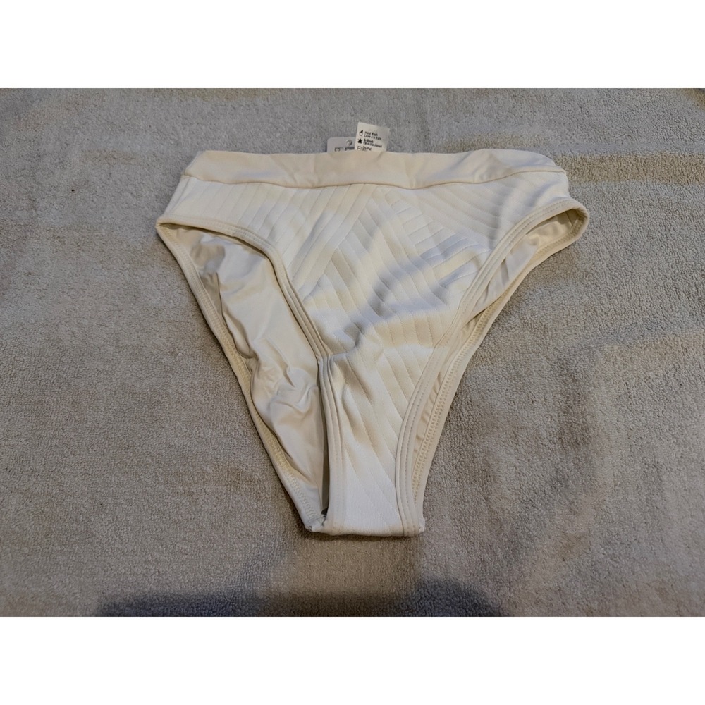 L*Space Bitsy Cut High Waist Ribbed Bikini Bottoms Ivory Cream Large NEW
